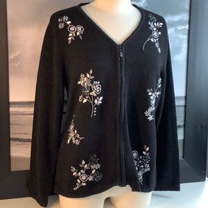 Allison Daley Black Floral Beaded Embellished Sequin Zip Cardigan Sweater Sz M